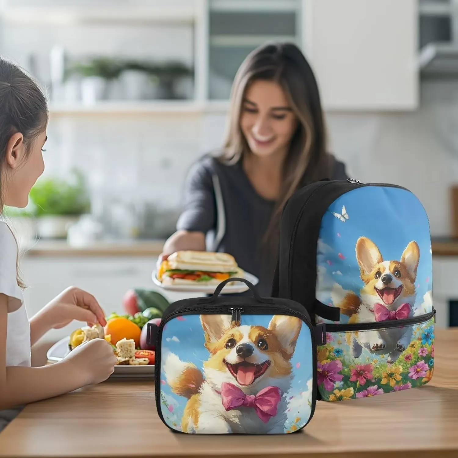 Babrukda Kids School Backpack for Boys Girls Insulated Lunch Bag, 17 Inch Bagpack with Lunch Holder Case, Floral Cute Corgi Outdoor Backpack for Picnic Travel Food Storage Container