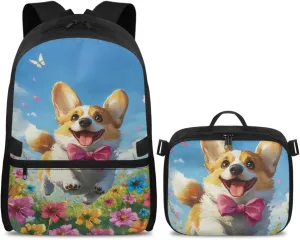 Babrukda Kids School Backpack for Boys Girls Insulated Lunch Bag, 17 Inch Bagpack with Lunch Holder Case, Floral Cute Corgi Outdoor Backpack for Picnic Travel Food Storage Container
