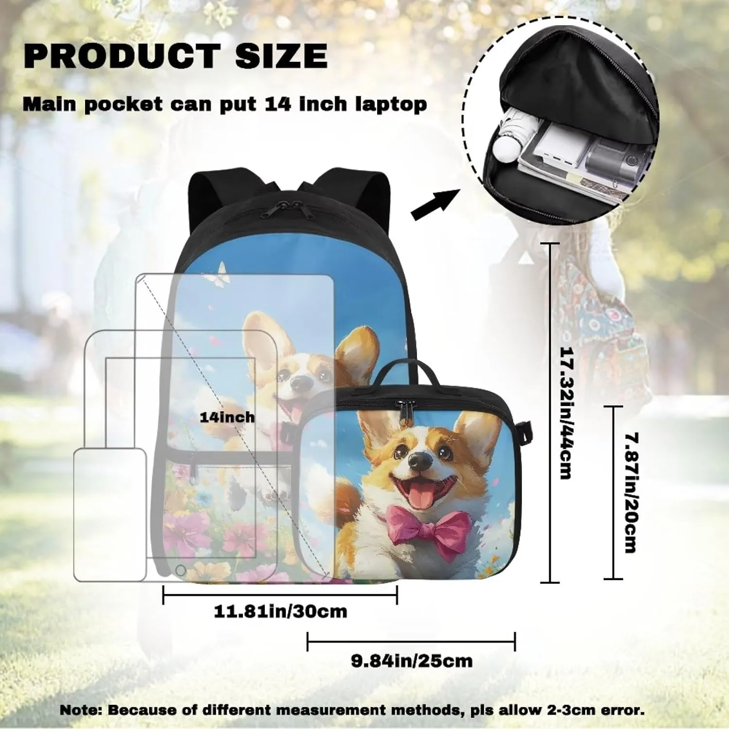 Babrukda Kids School Backpack for Boys Girls Insulated Lunch Bag, 17 Inch Bagpack with Lunch Holder Case, Floral Cute Corgi Outdoor Backpack for Picnic Travel Food Storage Container