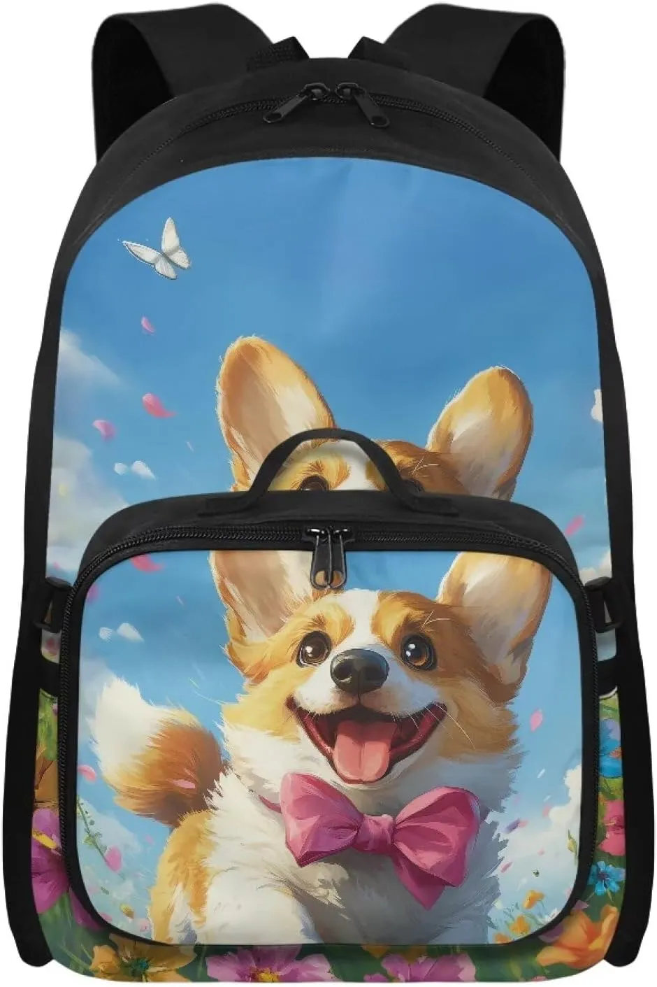 Babrukda Kids School Backpack for Boys Girls Insulated Lunch Bag, 17 Inch Bagpack with Lunch Holder Case, Floral Cute Corgi Outdoor Backpack for Picnic Travel Food Storage Container