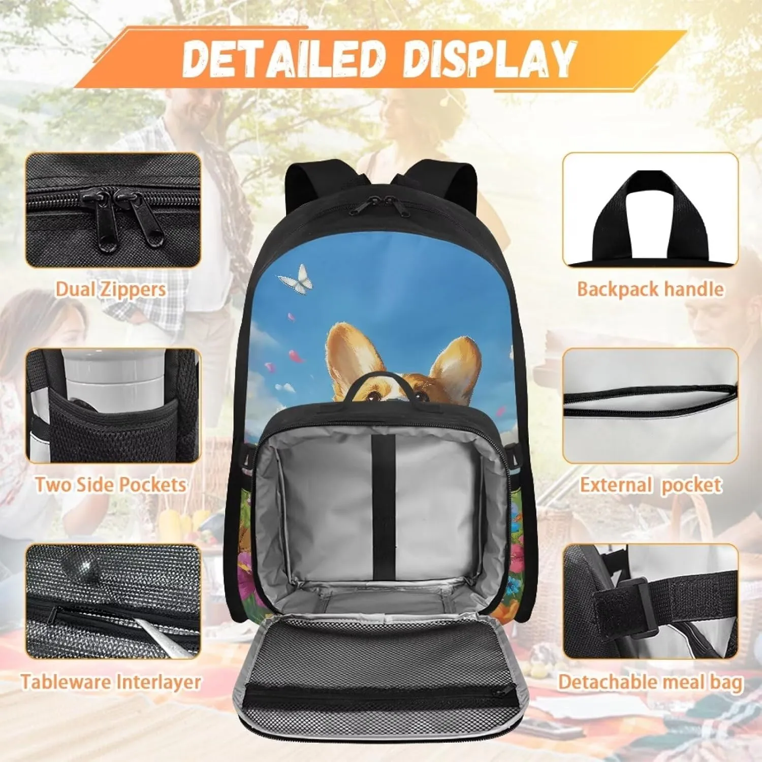 Babrukda Kids School Backpack for Boys Girls Insulated Lunch Bag, 17 Inch Bagpack with Lunch Holder Case, Floral Cute Corgi Outdoor Backpack for Picnic Travel Food Storage Container
