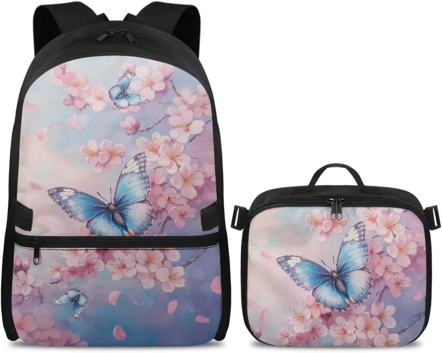 Babrukda Large Capacity School Backpack Set for Girls Small Insulated Lunch Bag, Butterfly Cherry Blossoms Bookbag with Portable Lunch Tote Bag, 2 Pieces Back to School Supplies