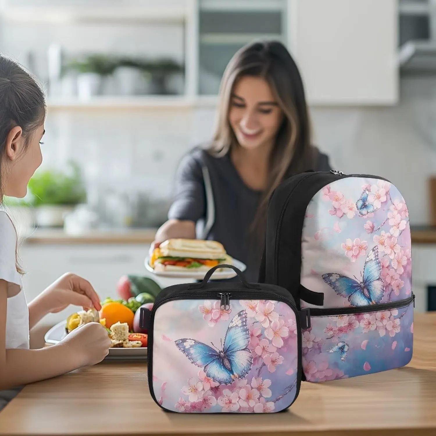 Babrukda Large Capacity School Backpack Set for Girls Small Insulated Lunch Bag, Butterfly Cherry Blossoms Bookbag with Portable Lunch Tote Bag, 2 Pieces Back to School Supplies