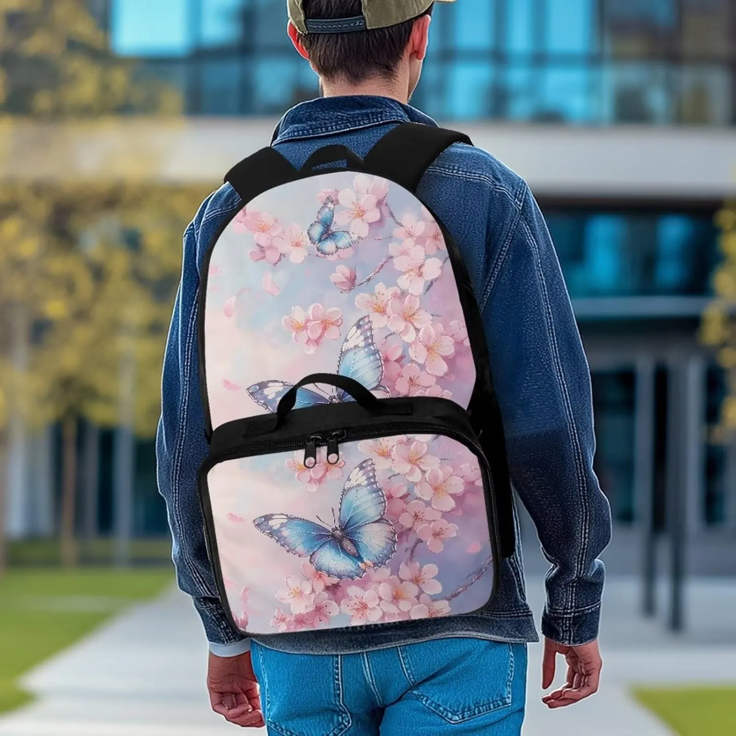 Babrukda Large Capacity School Backpack Set for Girls Small Insulated Lunch Bag, Butterfly Cherry Blossoms Bookbag with Portable Lunch Tote Bag, 2 Pieces Back to School Supplies