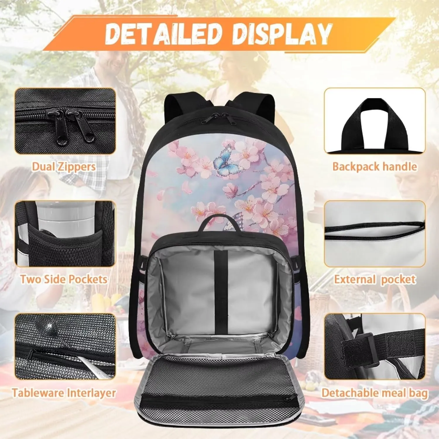 Babrukda Large Capacity School Backpack Set for Girls Small Insulated Lunch Bag, Butterfly Cherry Blossoms Bookbag with Portable Lunch Tote Bag, 2 Pieces Back to School Supplies
