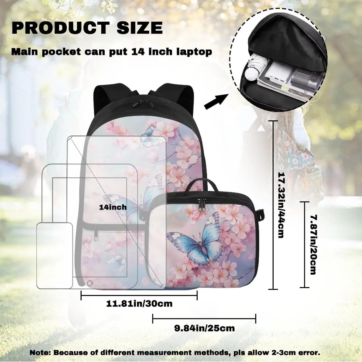 Babrukda Large Capacity School Backpack Set for Girls Small Insulated Lunch Bag, Butterfly Cherry Blossoms Bookbag with Portable Lunch Tote Bag, 2 Pieces Back to School Supplies