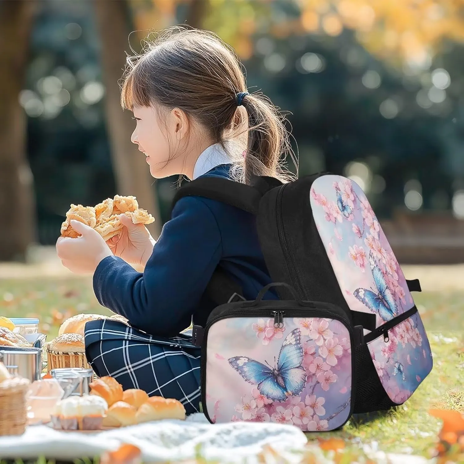Babrukda Large Capacity School Backpack Set for Girls Small Insulated Lunch Bag, Butterfly Cherry Blossoms Bookbag with Portable Lunch Tote Bag, 2 Pieces Back to School Supplies