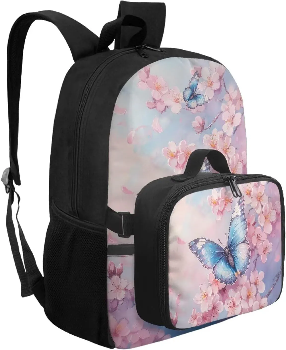 Babrukda Large Capacity School Backpack Set for Girls Small Insulated Lunch Bag, Butterfly Cherry Blossoms Bookbag with Portable Lunch Tote Bag, 2 Pieces Back to School Supplies
