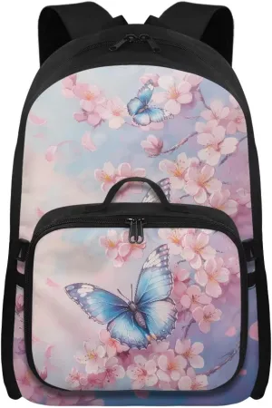 Babrukda Large Capacity School Backpack Set for Girls Small Insulated Lunch Bag, Butterfly Cherry Blossoms Bookbag with Portable Lunch Tote Bag, 2 Pieces Back to School Supplies