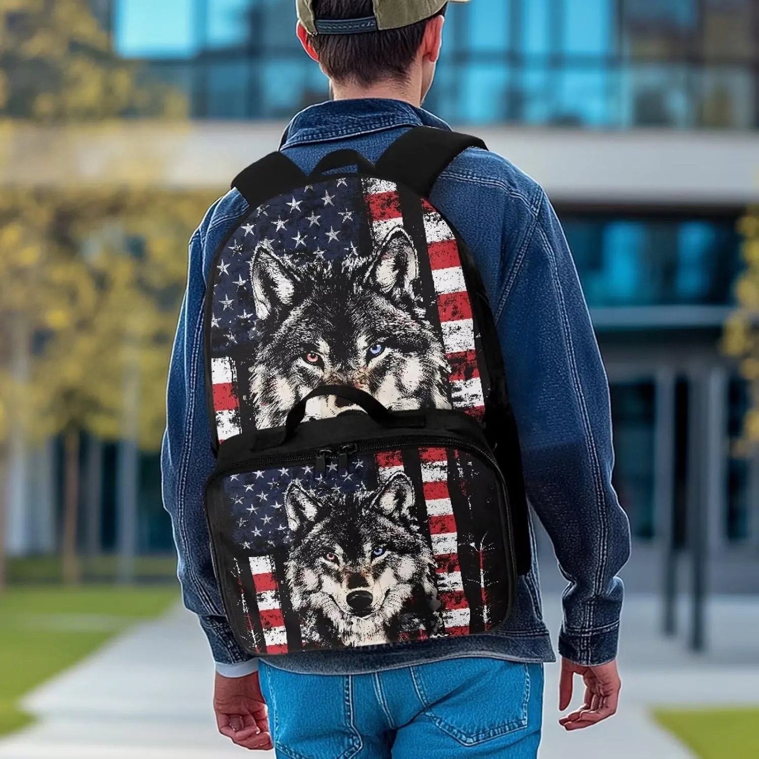 Babrukda Large Capacity School Backpack Set with Insulated Lunch Bag for Teen Boys, Novelty American Flag Wolf Back Pack Lunch Bag for Men, Reusable Insulated Food Storage Container