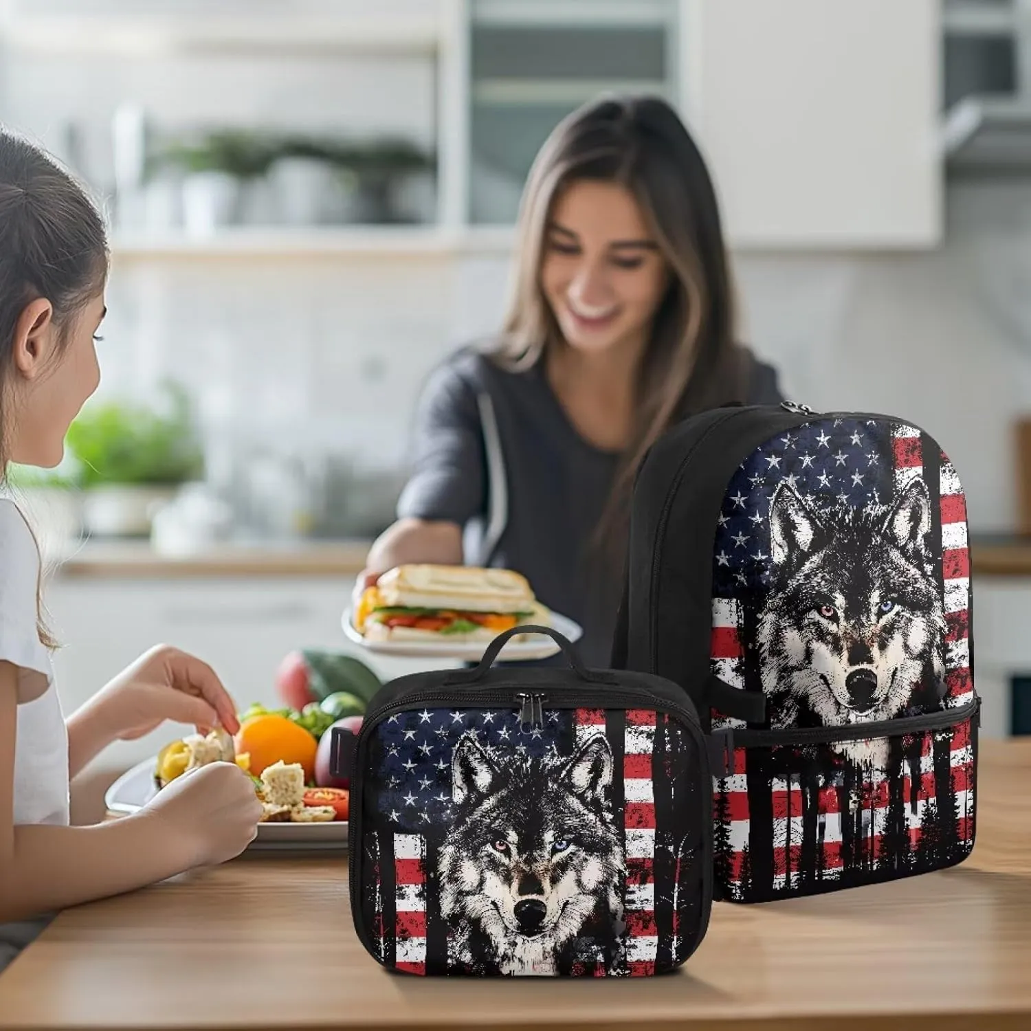 Babrukda Large Capacity School Backpack Set with Insulated Lunch Bag for Teen Boys, Novelty American Flag Wolf Back Pack Lunch Bag for Men, Reusable Insulated Food Storage Container