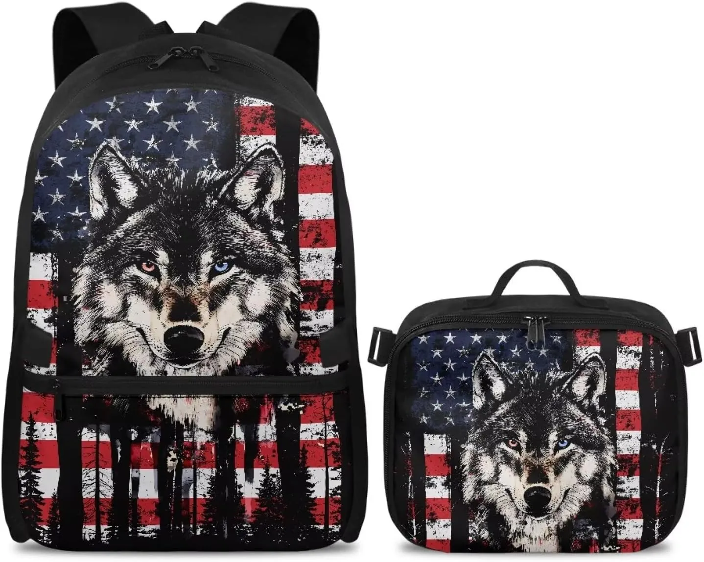 Babrukda Large Capacity School Backpack Set with Insulated Lunch Bag for Teen Boys, Novelty American Flag Wolf Back Pack Lunch Bag for Men, Reusable Insulated Food Storage Container