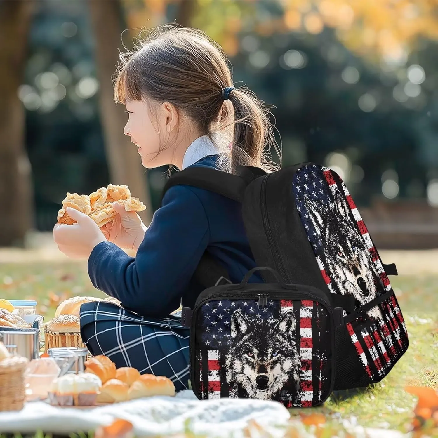 Babrukda Large Capacity School Backpack Set with Insulated Lunch Bag for Teen Boys, Novelty American Flag Wolf Back Pack Lunch Bag for Men, Reusable Insulated Food Storage Container