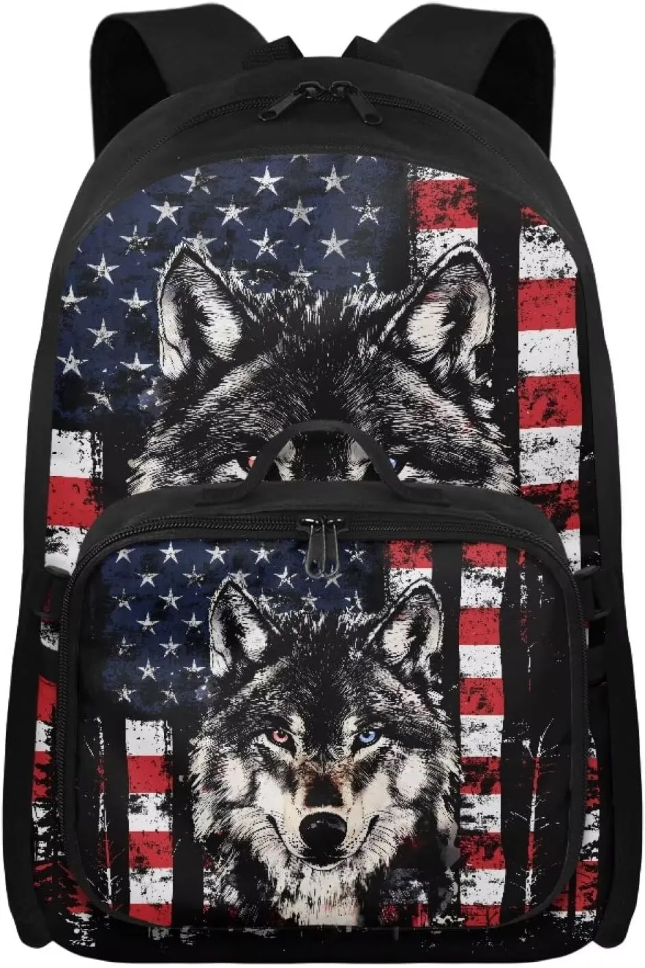 Babrukda Large Capacity School Backpack Set with Insulated Lunch Bag for Teen Boys, Novelty American Flag Wolf Back Pack Lunch Bag for Men, Reusable Insulated Food Storage Container