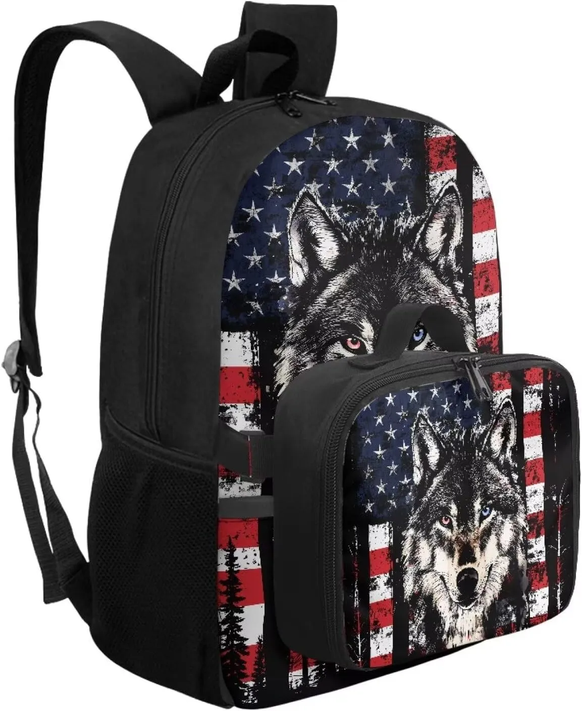 Babrukda Large Capacity School Backpack Set with Insulated Lunch Bag for Teen Boys, Novelty American Flag Wolf Back Pack Lunch Bag for Men, Reusable Insulated Food Storage Container