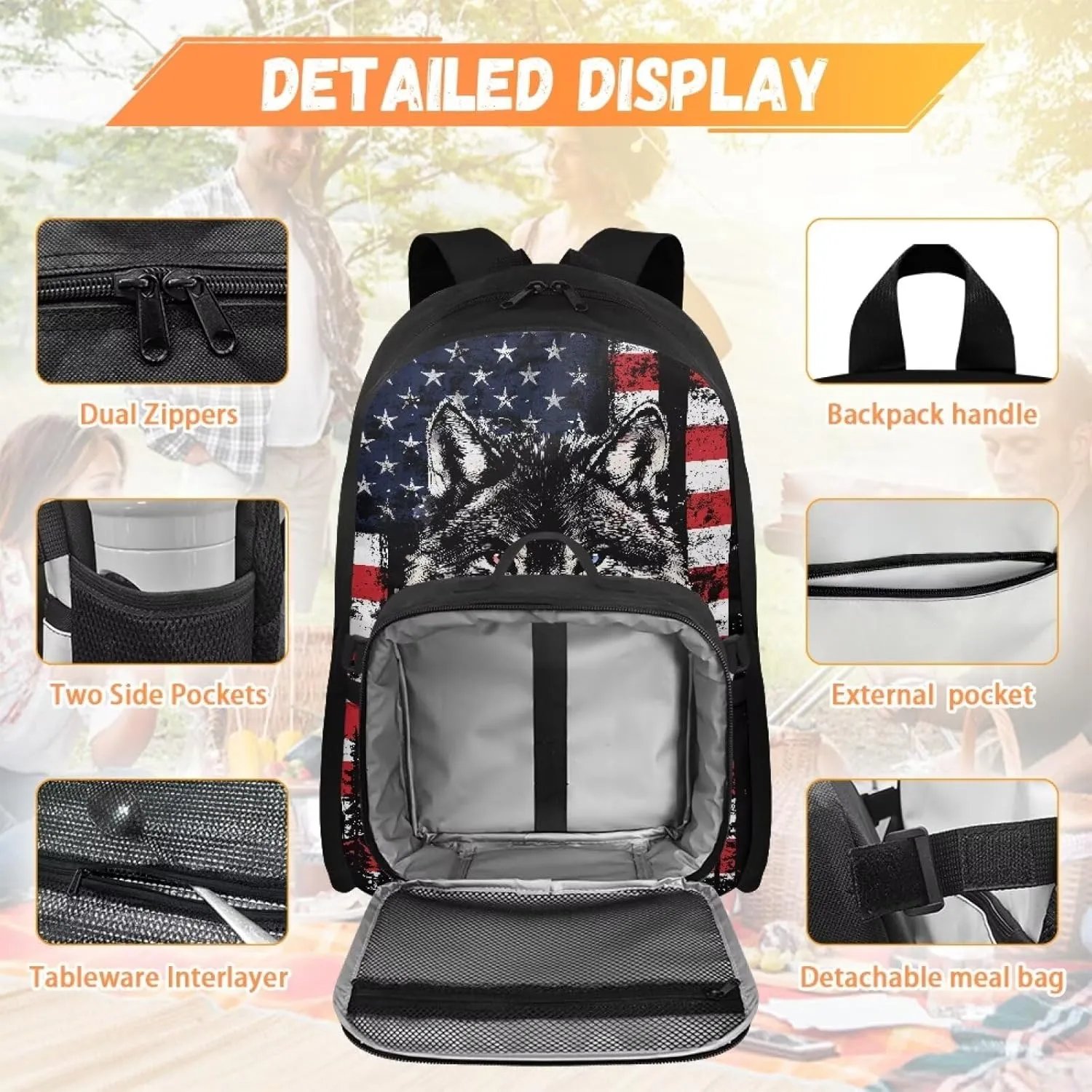 Babrukda Large Capacity School Backpack Set with Insulated Lunch Bag for Teen Boys, Novelty American Flag Wolf Back Pack Lunch Bag for Men, Reusable Insulated Food Storage Container