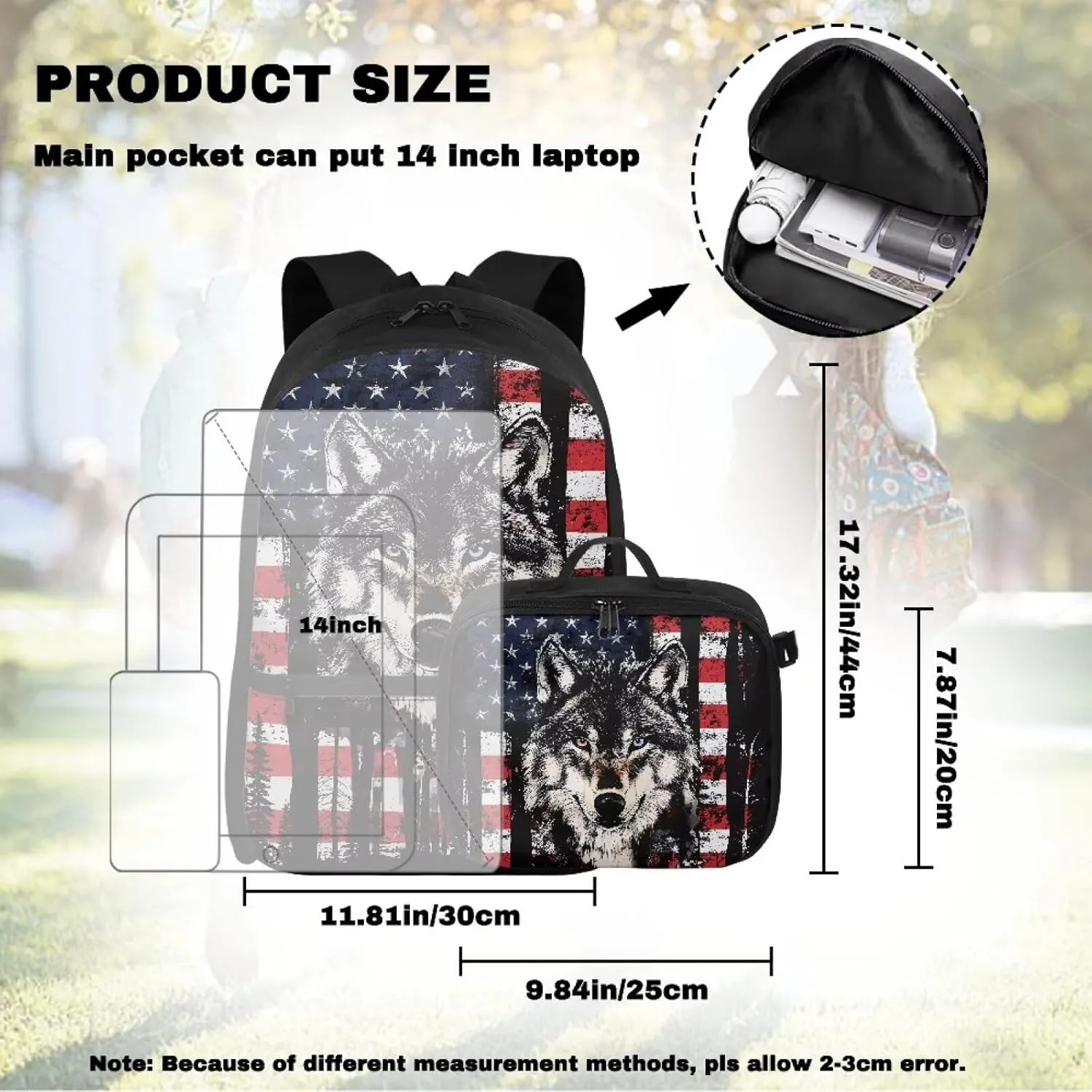 Babrukda Large Capacity School Backpack Set with Insulated Lunch Bag for Teen Boys, Novelty American Flag Wolf Back Pack Lunch Bag for Men, Reusable Insulated Food Storage Container