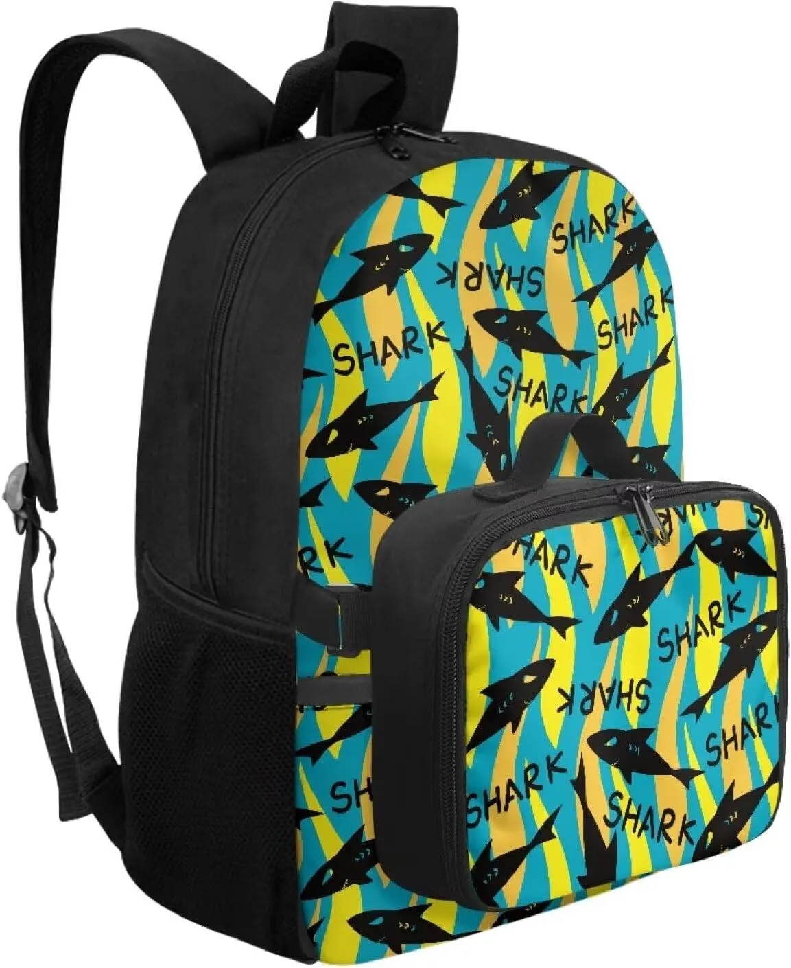 Babrukda Large Capacity School Backpack with Insulated Lunch Bag for Boys, Novelty Cool Yellow Shark Design Back Pack Lunch Bag for Men, Reusable Insulated Food Storage Container