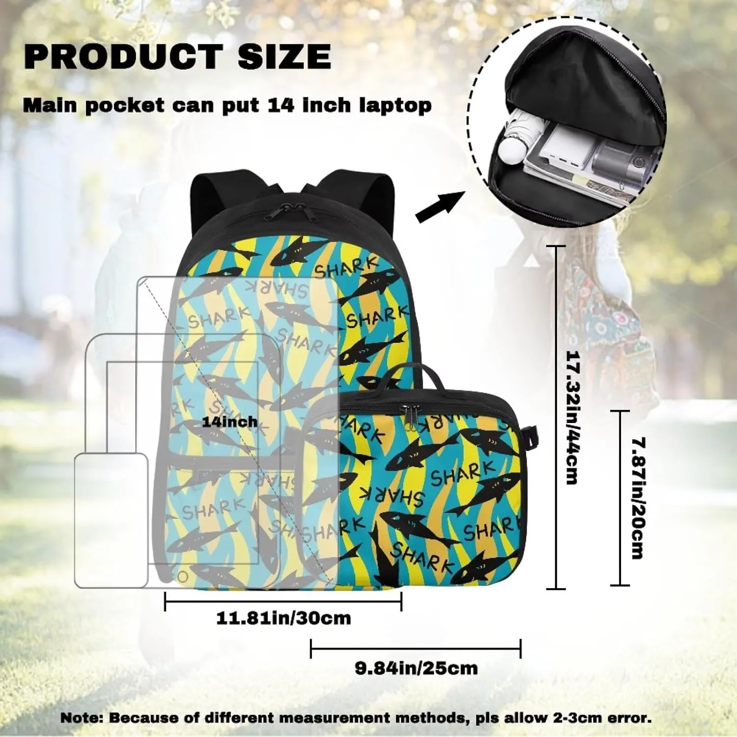 Babrukda Large Capacity School Backpack with Insulated Lunch Bag for Boys, Novelty Cool Yellow Shark Design Back Pack Lunch Bag for Men, Reusable Insulated Food Storage Container