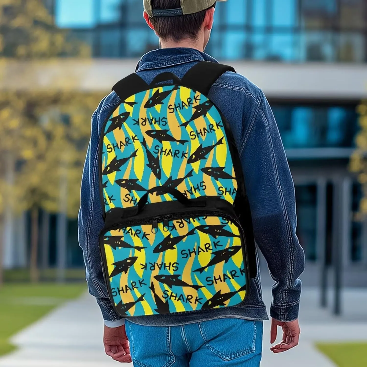 Babrukda Large Capacity School Backpack with Insulated Lunch Bag for Boys, Novelty Cool Yellow Shark Design Back Pack Lunch Bag for Men, Reusable Insulated Food Storage Container