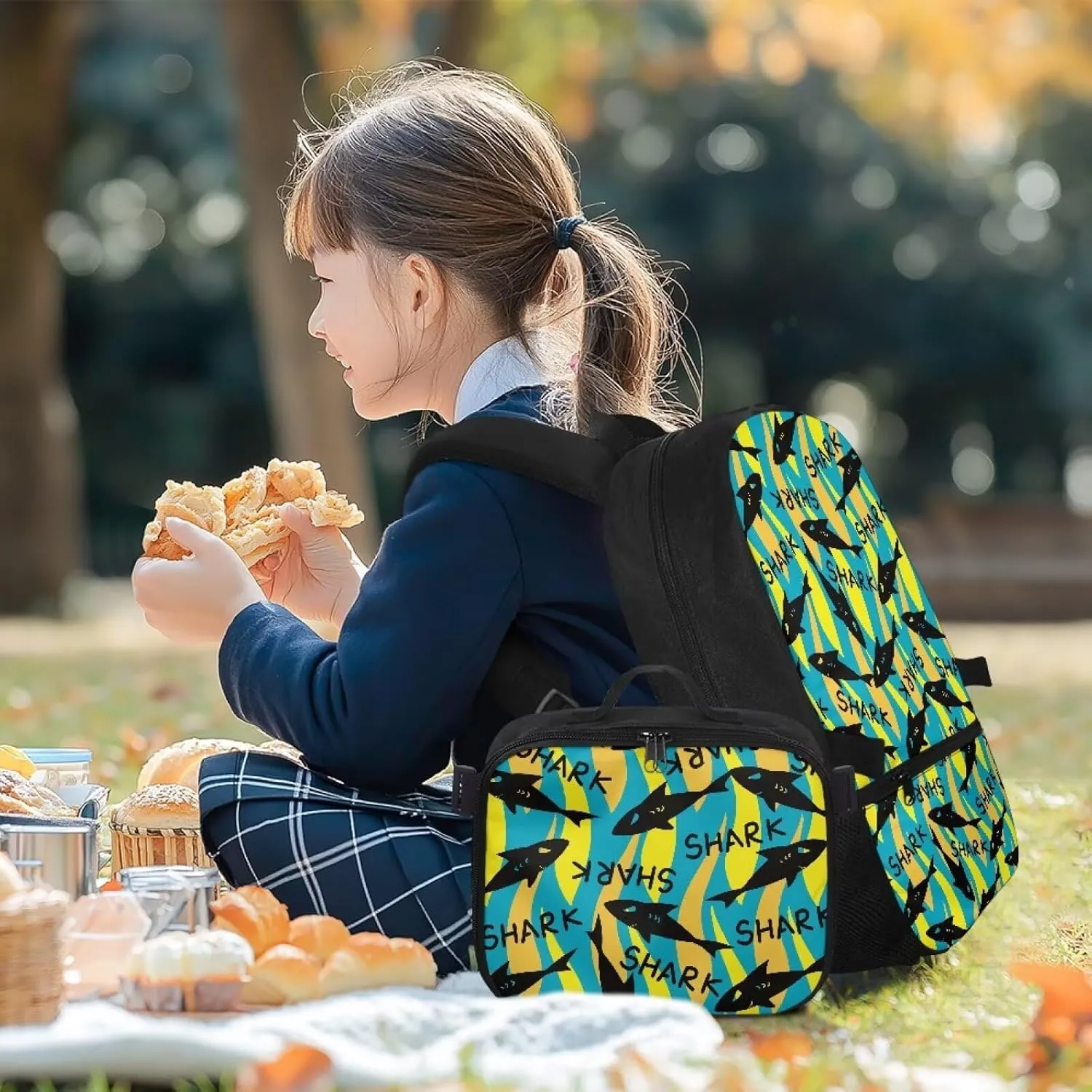 Babrukda Large Capacity School Backpack with Insulated Lunch Bag for Boys, Novelty Cool Yellow Shark Design Back Pack Lunch Bag for Men, Reusable Insulated Food Storage Container