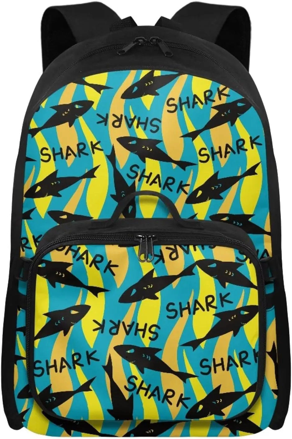Babrukda Large Capacity School Backpack with Insulated Lunch Bag for Boys, Novelty Cool Yellow Shark Design Back Pack Lunch Bag for Men, Reusable Insulated Food Storage Container