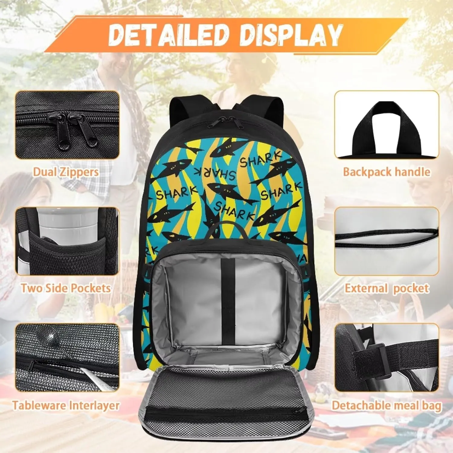 Babrukda Large Capacity School Backpack with Insulated Lunch Bag for Boys, Novelty Cool Yellow Shark Design Back Pack Lunch Bag for Men, Reusable Insulated Food Storage Container