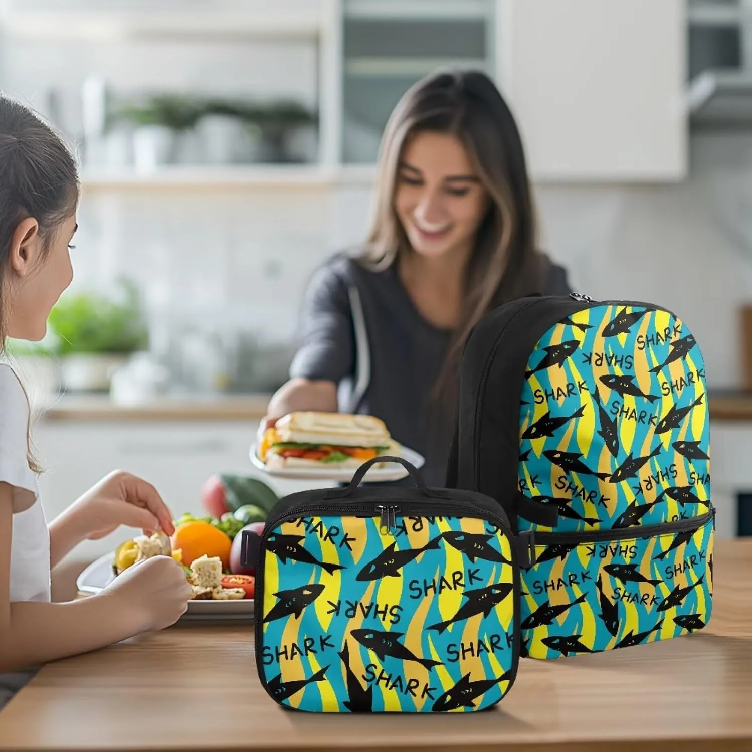 Babrukda Large Capacity School Backpack with Insulated Lunch Bag for Boys, Novelty Cool Yellow Shark Design Back Pack Lunch Bag for Men, Reusable Insulated Food Storage Container