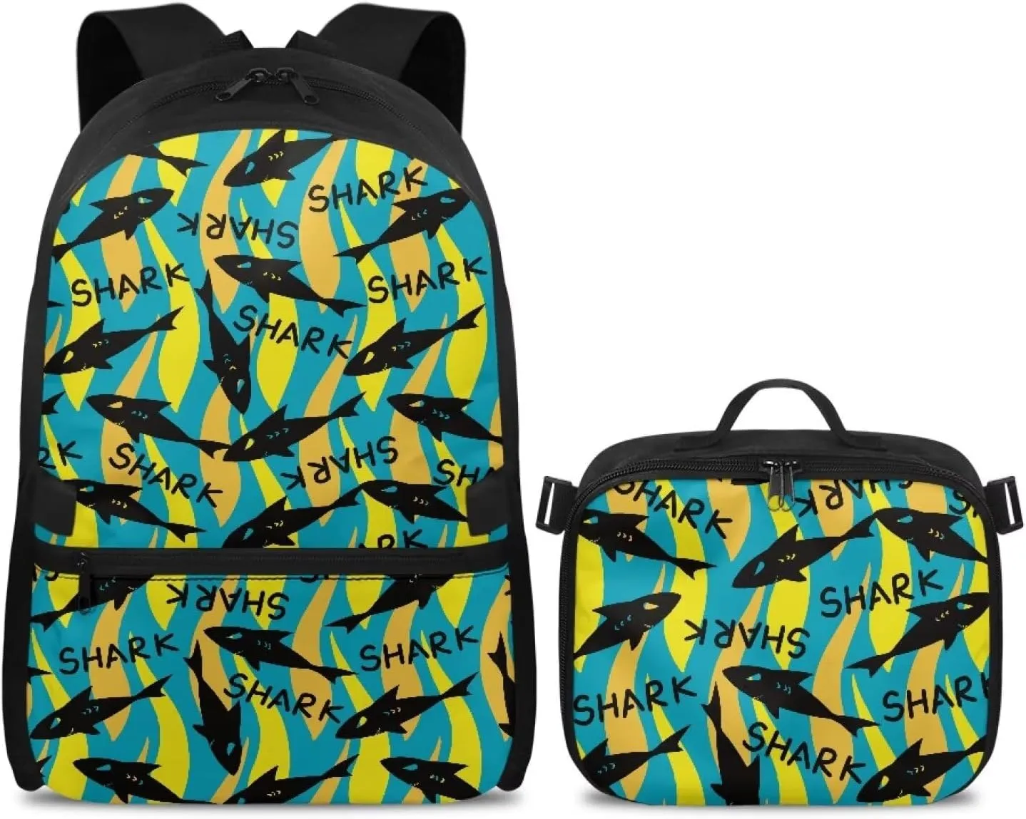 Babrukda Large Capacity School Backpack with Insulated Lunch Bag for Boys, Novelty Cool Yellow Shark Design Back Pack Lunch Bag for Men, Reusable Insulated Food Storage Container