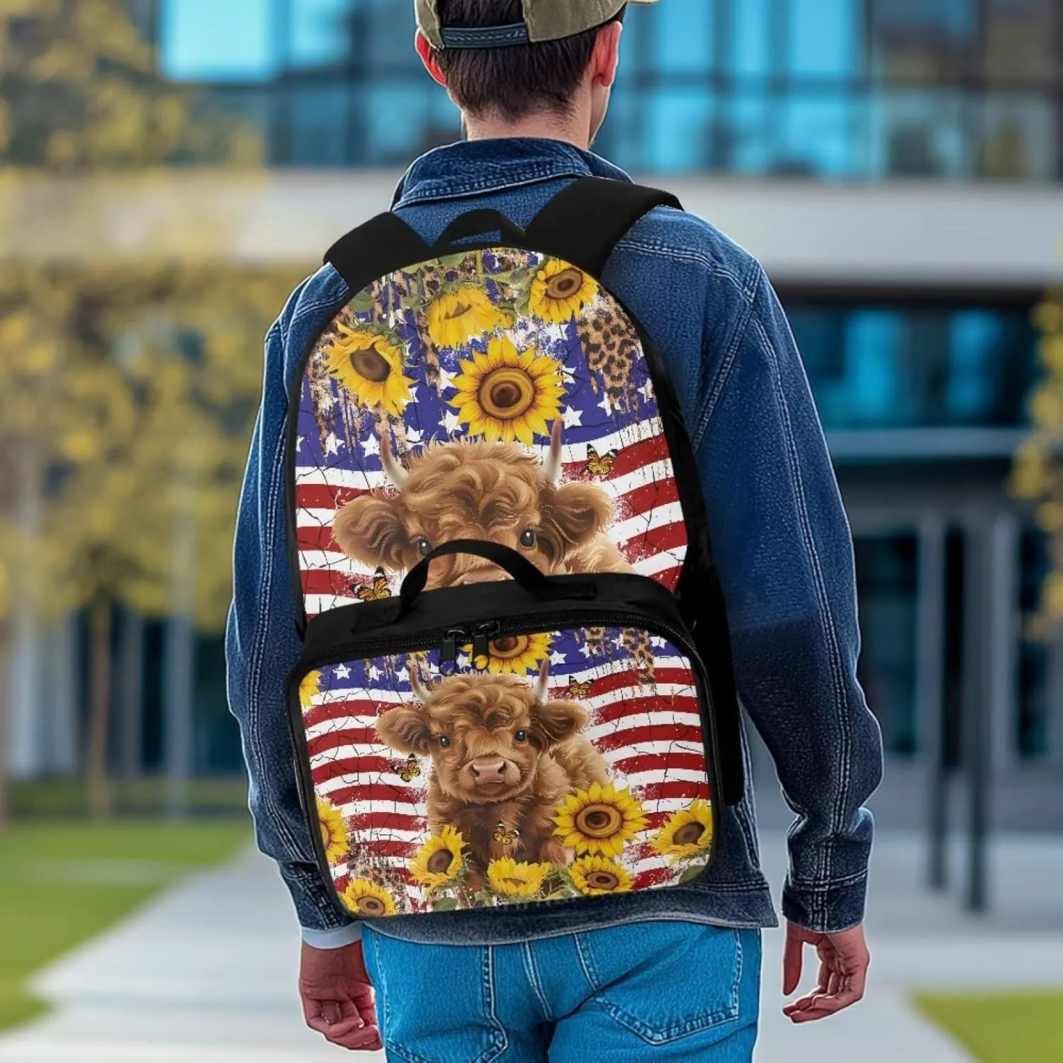 Babrukda Lightweight School Backpack for Boys Girls with Insulated Lunch Bag, American Flag Highland Cow Storage Food Containers, Small Thermal Cooler Bag for Primary Middle School