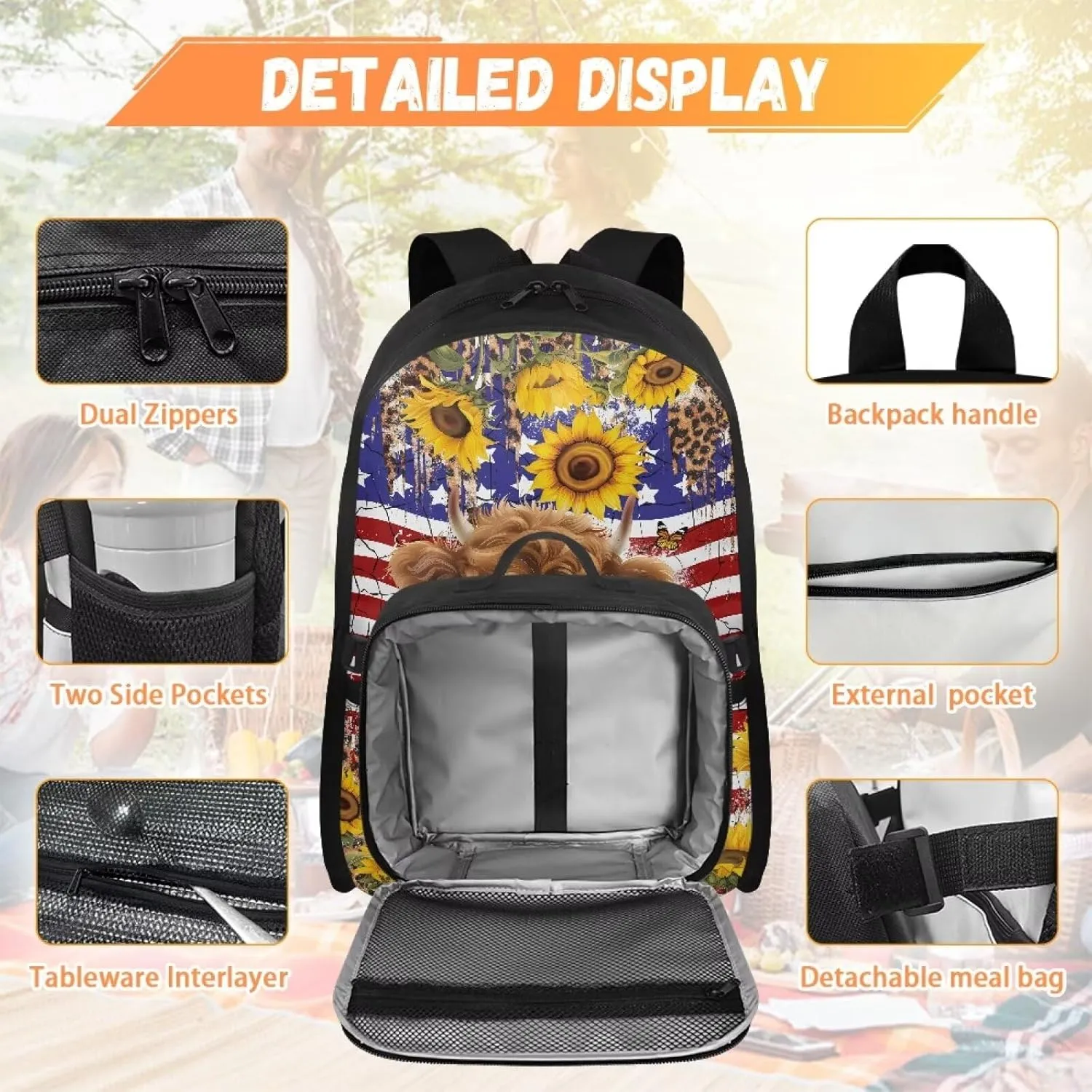 Babrukda Lightweight School Backpack for Boys Girls with Insulated Lunch Bag, American Flag Highland Cow Storage Food Containers, Small Thermal Cooler Bag for Primary Middle School