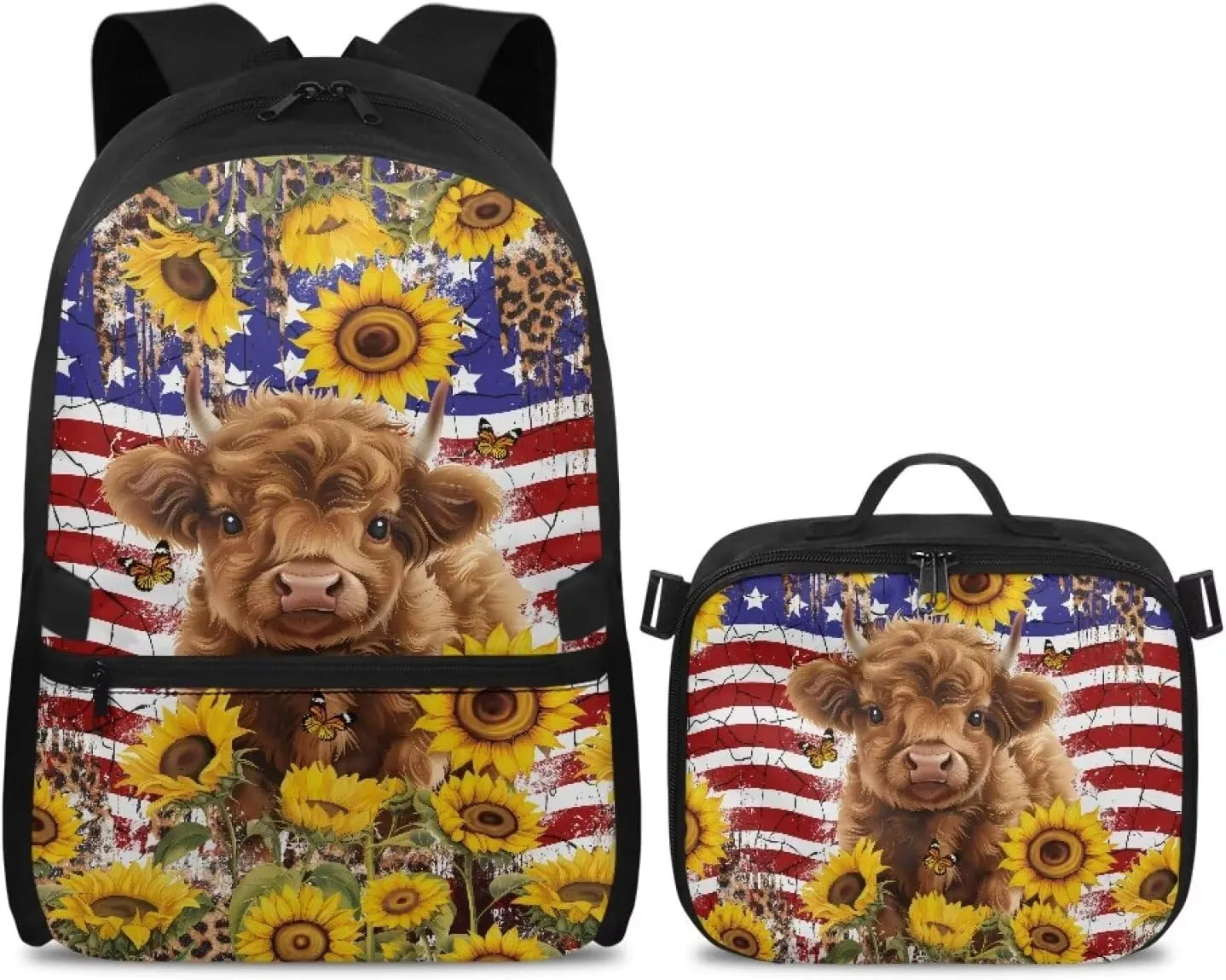 Babrukda Lightweight School Backpack for Boys Girls with Insulated Lunch Bag, American Flag Highland Cow Storage Food Containers, Small Thermal Cooler Bag for Primary Middle School