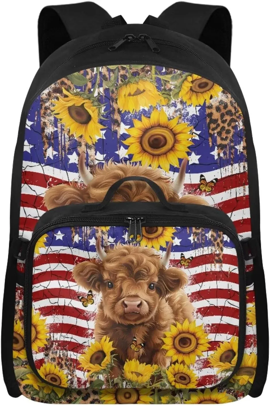 Babrukda Lightweight School Backpack for Boys Girls with Insulated Lunch Bag, American Flag Highland Cow Storage Food Containers, Small Thermal Cooler Bag for Primary Middle School