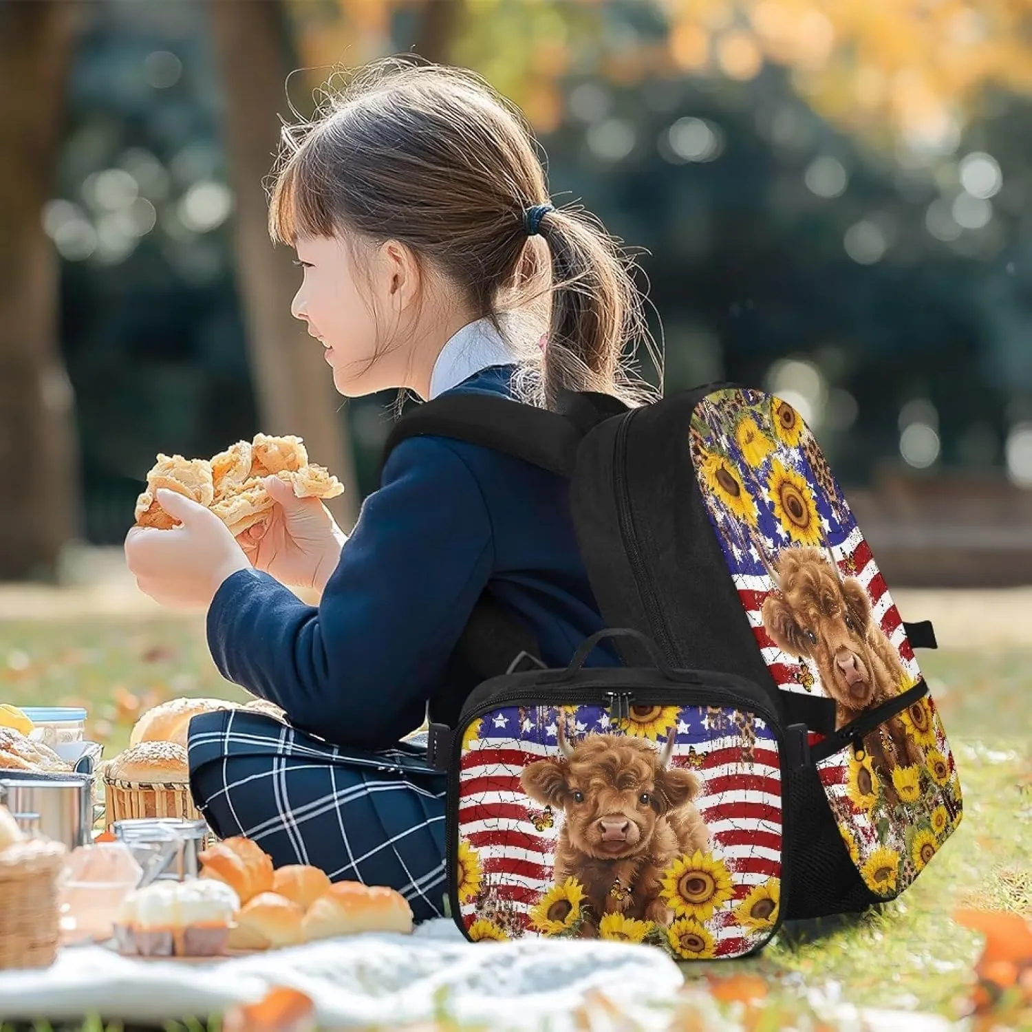 Babrukda Lightweight School Backpack for Boys Girls with Insulated Lunch Bag, American Flag Highland Cow Storage Food Containers, Small Thermal Cooler Bag for Primary Middle School