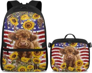 Babrukda Lightweight School Backpack for Boys Girls with Insulated Lunch Bag, American Flag Highland Cow Storage Food Containers, Small Thermal Cooler Bag for Primary Middle School
