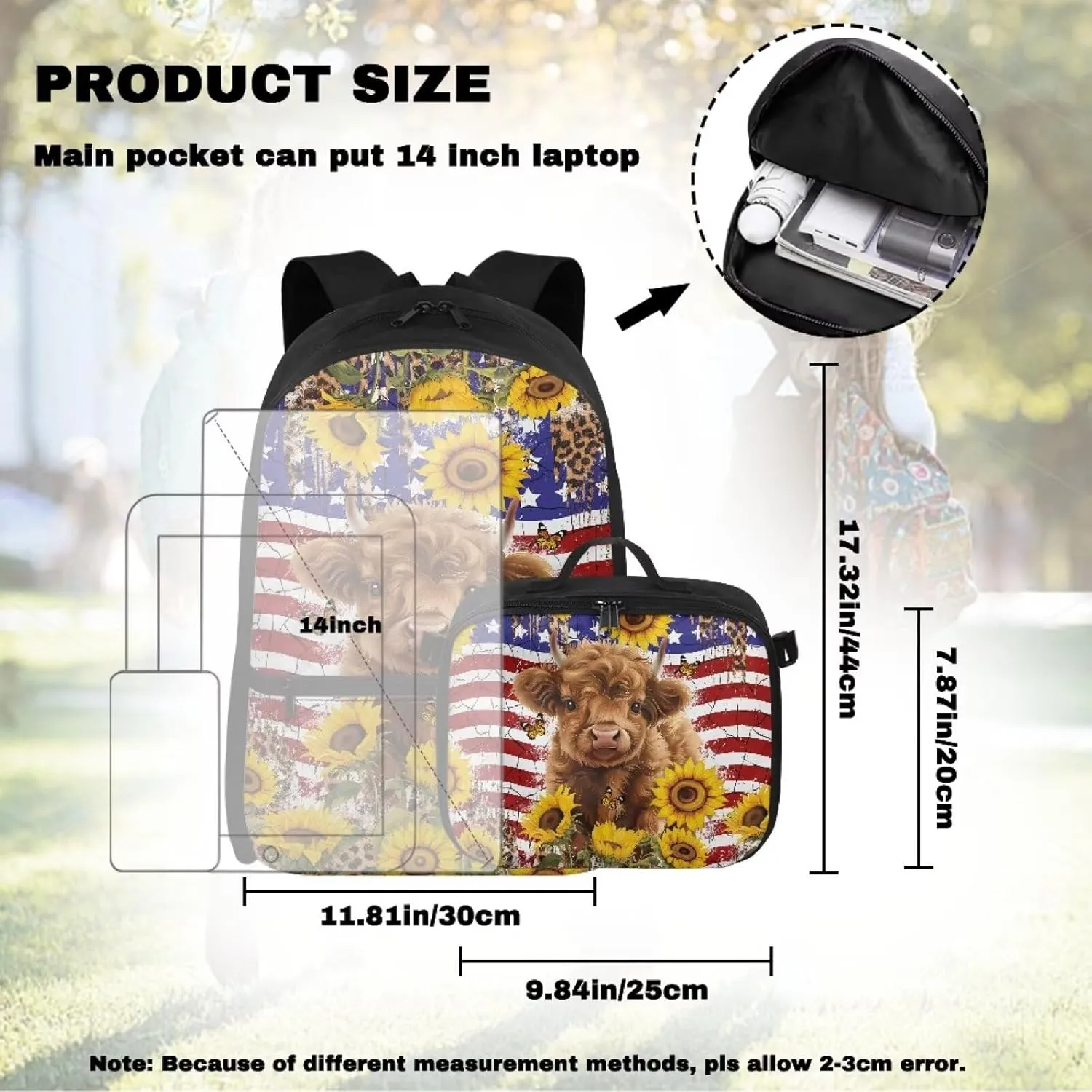 Babrukda Lightweight School Backpack for Boys Girls with Insulated Lunch Bag, American Flag Highland Cow Storage Food Containers, Small Thermal Cooler Bag for Primary Middle School