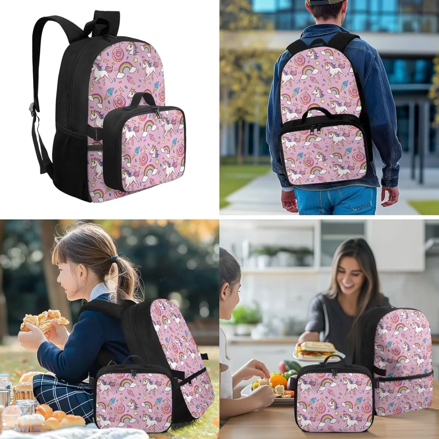 Babrukda Pink Cartoon Horse School Backpack Set with Small Lunch Tote Bag, 17 Inch School Bag with Pencil Case Organizer for Girls Insulated Lunch Holder Case with Pencil Box Case Storage