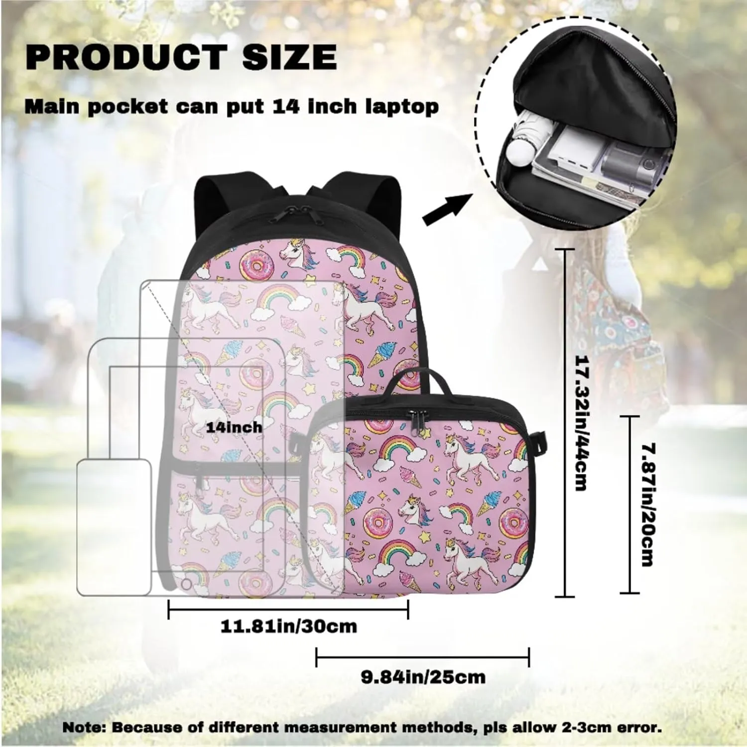 Babrukda Pink Cartoon Horse School Backpack Set with Small Lunch Tote Bag, 17 Inch School Bag with Pencil Case Organizer for Girls Insulated Lunch Holder Case with Pencil Box Case Storage
