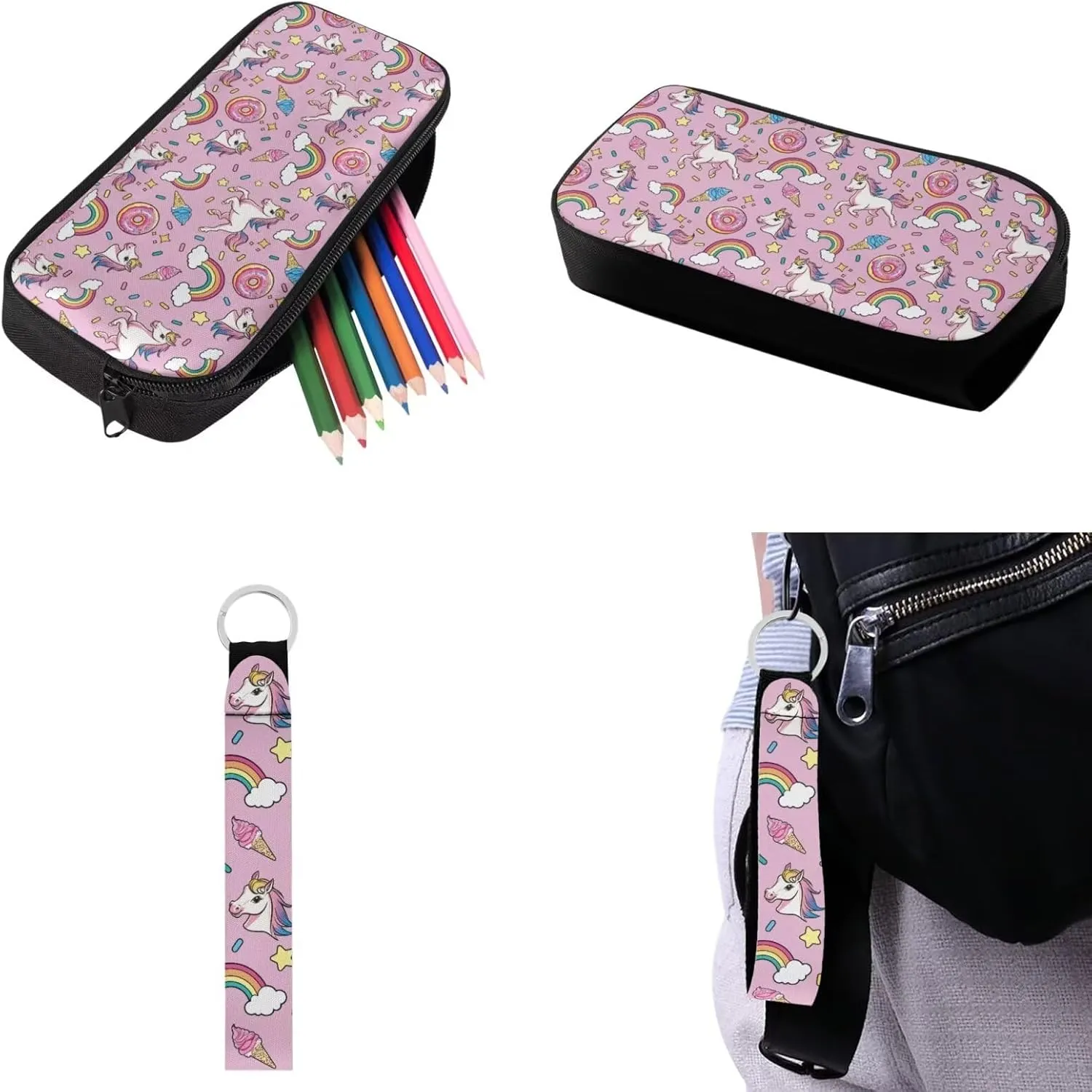 Babrukda Pink Cartoon Horse School Backpack Set with Small Lunch Tote Bag, 17 Inch School Bag with Pencil Case Organizer for Girls Insulated Lunch Holder Case with Pencil Box Case Storage