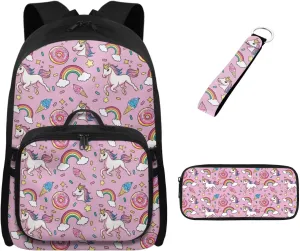 Babrukda Pink Cartoon Horse School Backpack Set with Small Lunch Tote Bag, 17 Inch School Bag with Pencil Case Organizer for Girls Insulated Lunch Holder Case with Pencil Box Case Storage