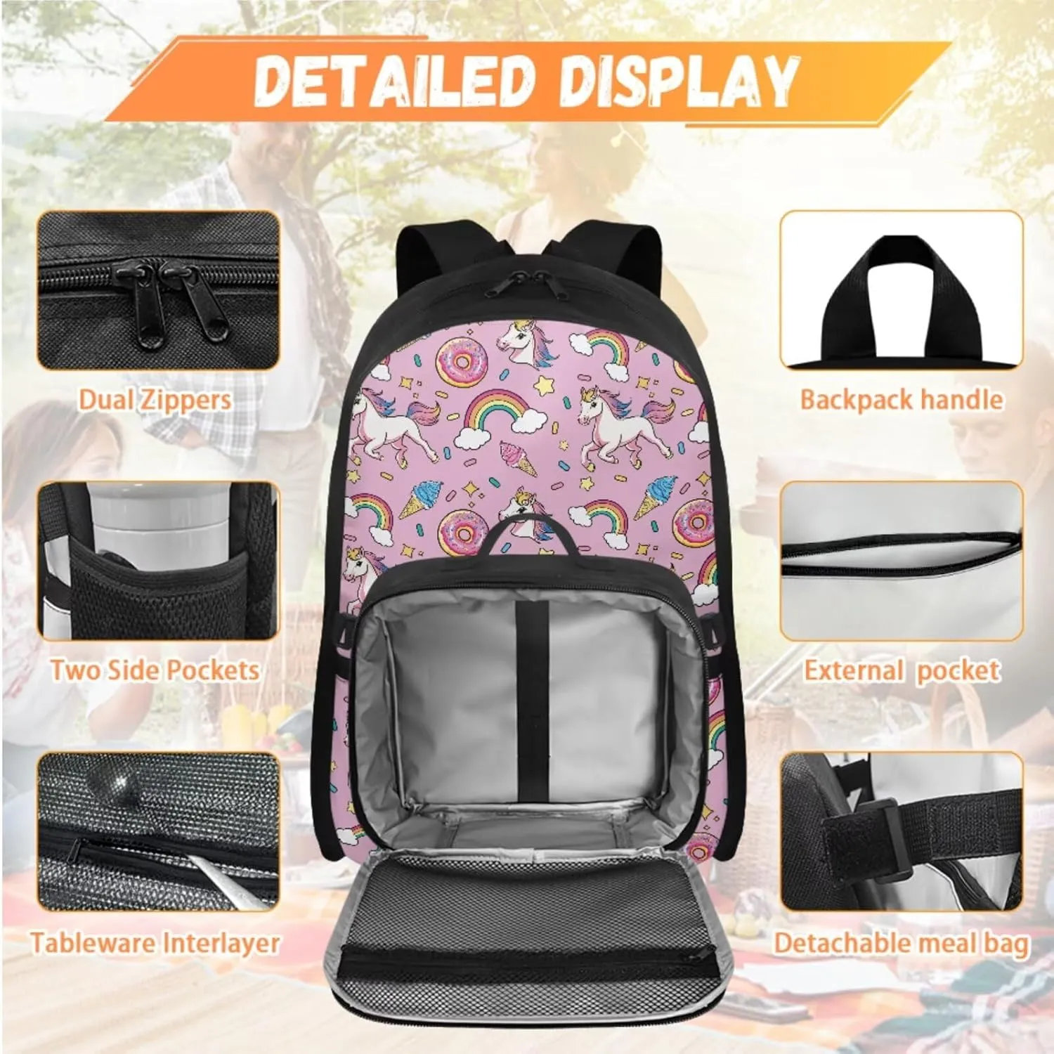 Babrukda Pink Cartoon Horse School Backpack Set with Small Lunch Tote Bag, 17 Inch School Bag with Pencil Case Organizer for Girls Insulated Lunch Holder Case with Pencil Box Case Storage