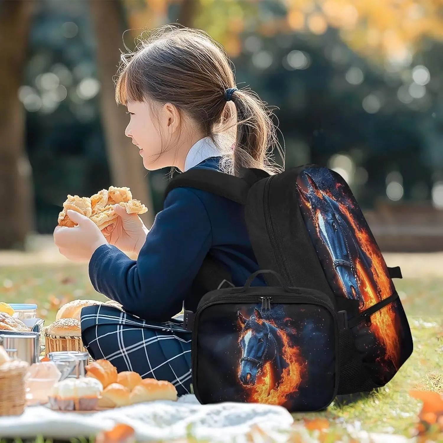 Babrukda School Backpack Set for Teen Boys Insulated Lunch Bag, Horse Fire Print Storage Food Containers, Reusable Small Thermal Cooler Bag for Elementary Primary Middle School Supplies