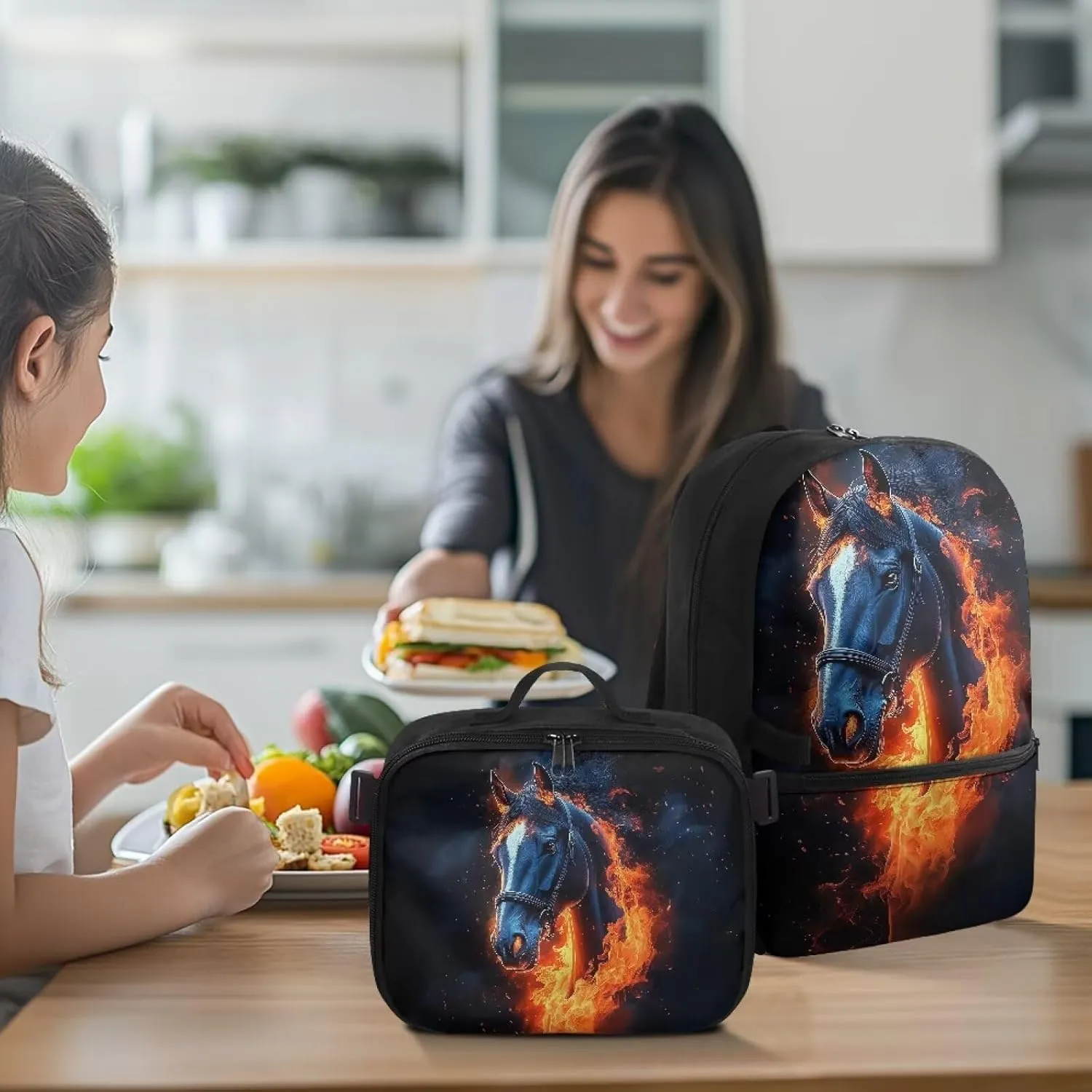 Babrukda School Backpack Set for Teen Boys Insulated Lunch Bag, Horse Fire Print Storage Food Containers, Reusable Small Thermal Cooler Bag for Elementary Primary Middle School Supplies