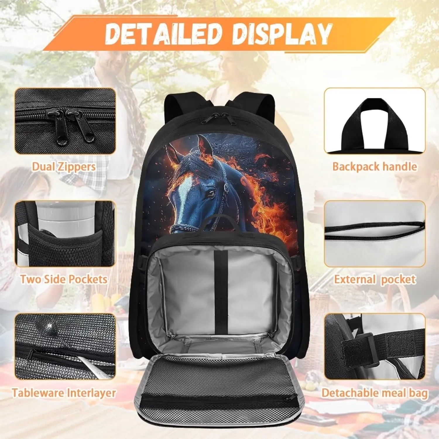 Babrukda School Backpack Set for Teen Boys Insulated Lunch Bag, Horse Fire Print Storage Food Containers, Reusable Small Thermal Cooler Bag for Elementary Primary Middle School Supplies