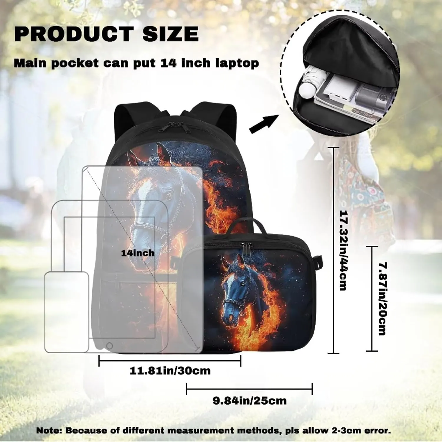 Babrukda School Backpack Set for Teen Boys Insulated Lunch Bag, Horse Fire Print Storage Food Containers, Reusable Small Thermal Cooler Bag for Elementary Primary Middle School Supplies