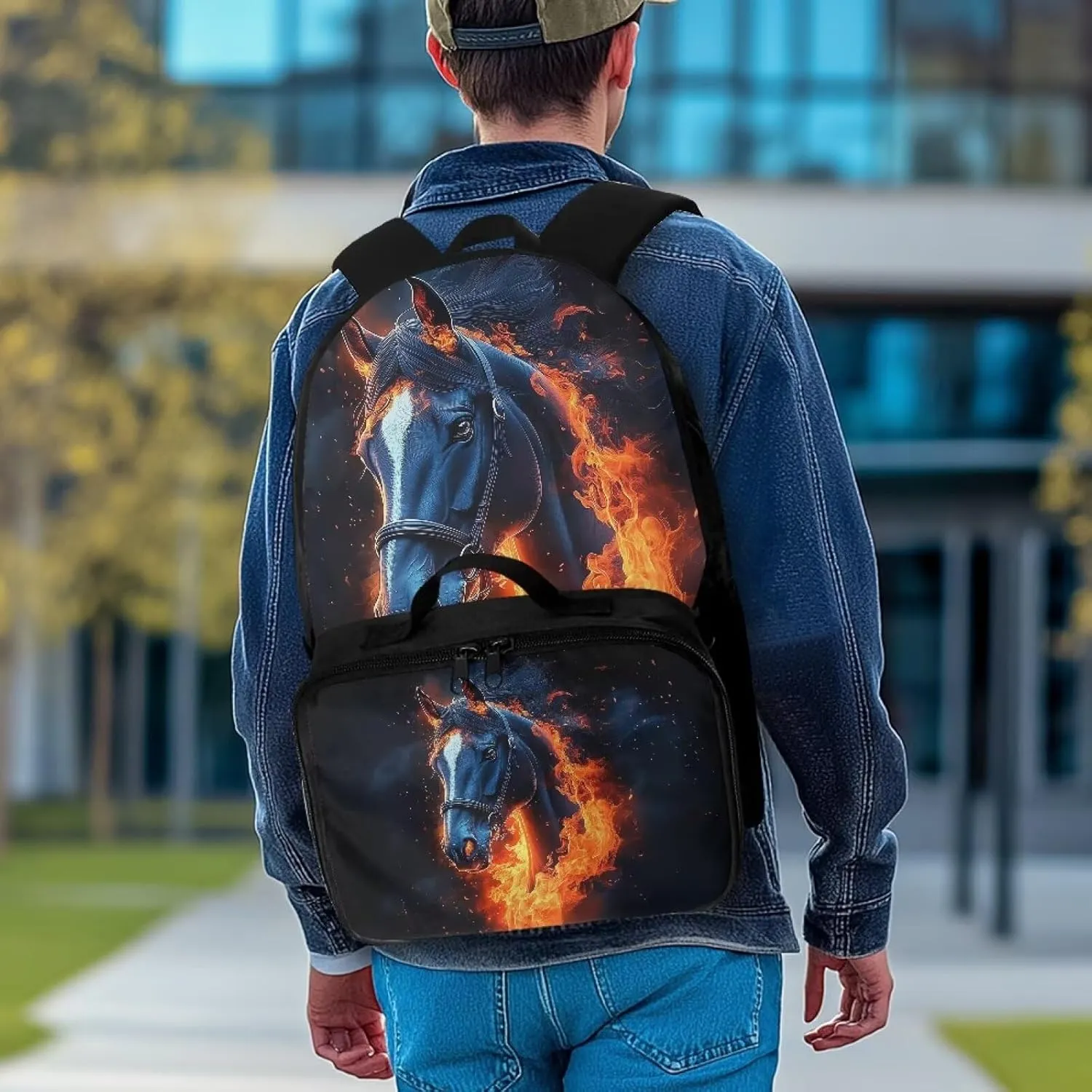 Babrukda School Backpack Set for Teen Boys Insulated Lunch Bag, Horse Fire Print Storage Food Containers, Reusable Small Thermal Cooler Bag for Elementary Primary Middle School Supplies