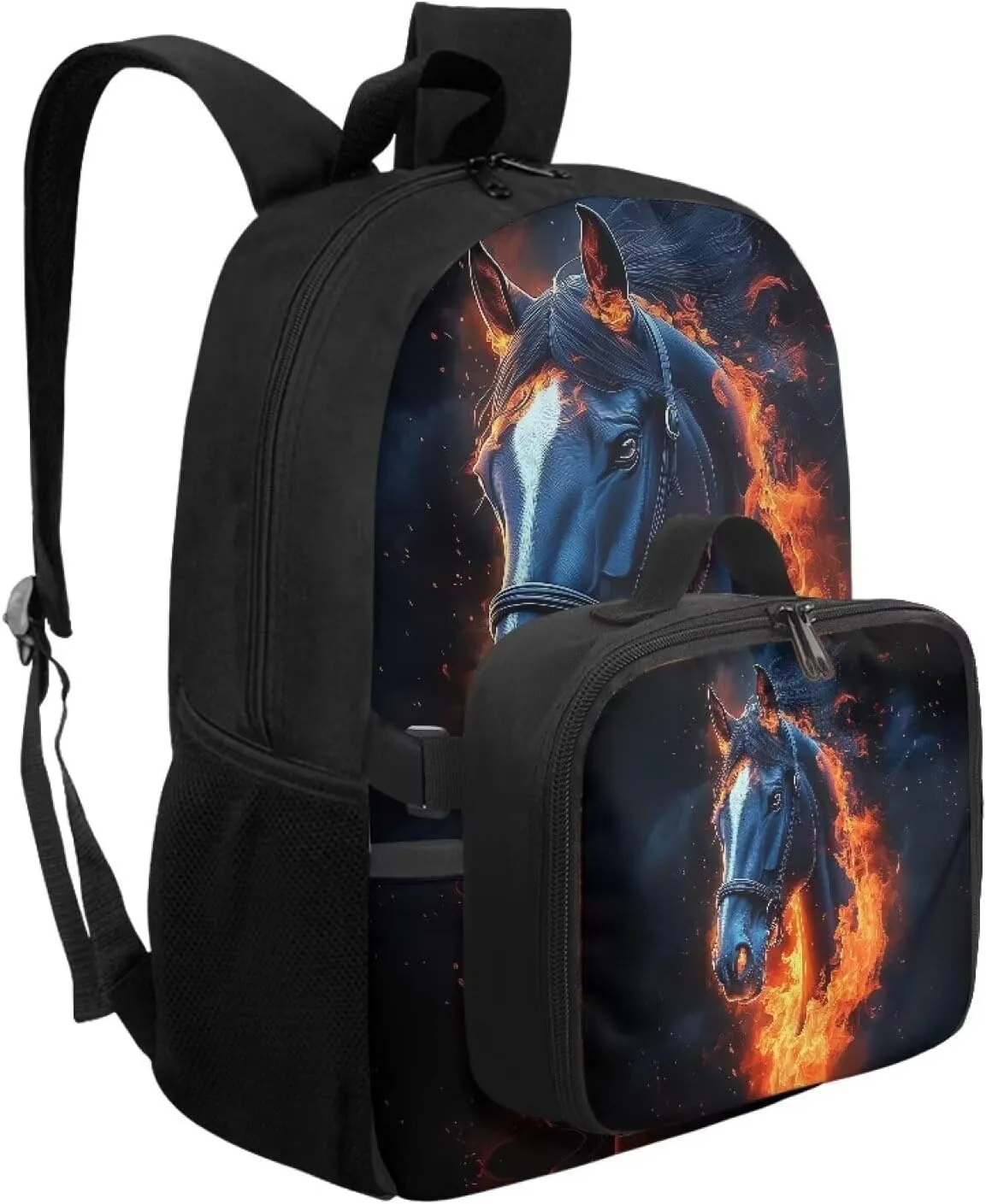 Babrukda School Backpack Set for Teen Boys Insulated Lunch Bag, Horse Fire Print Storage Food Containers, Reusable Small Thermal Cooler Bag for Elementary Primary Middle School Supplies