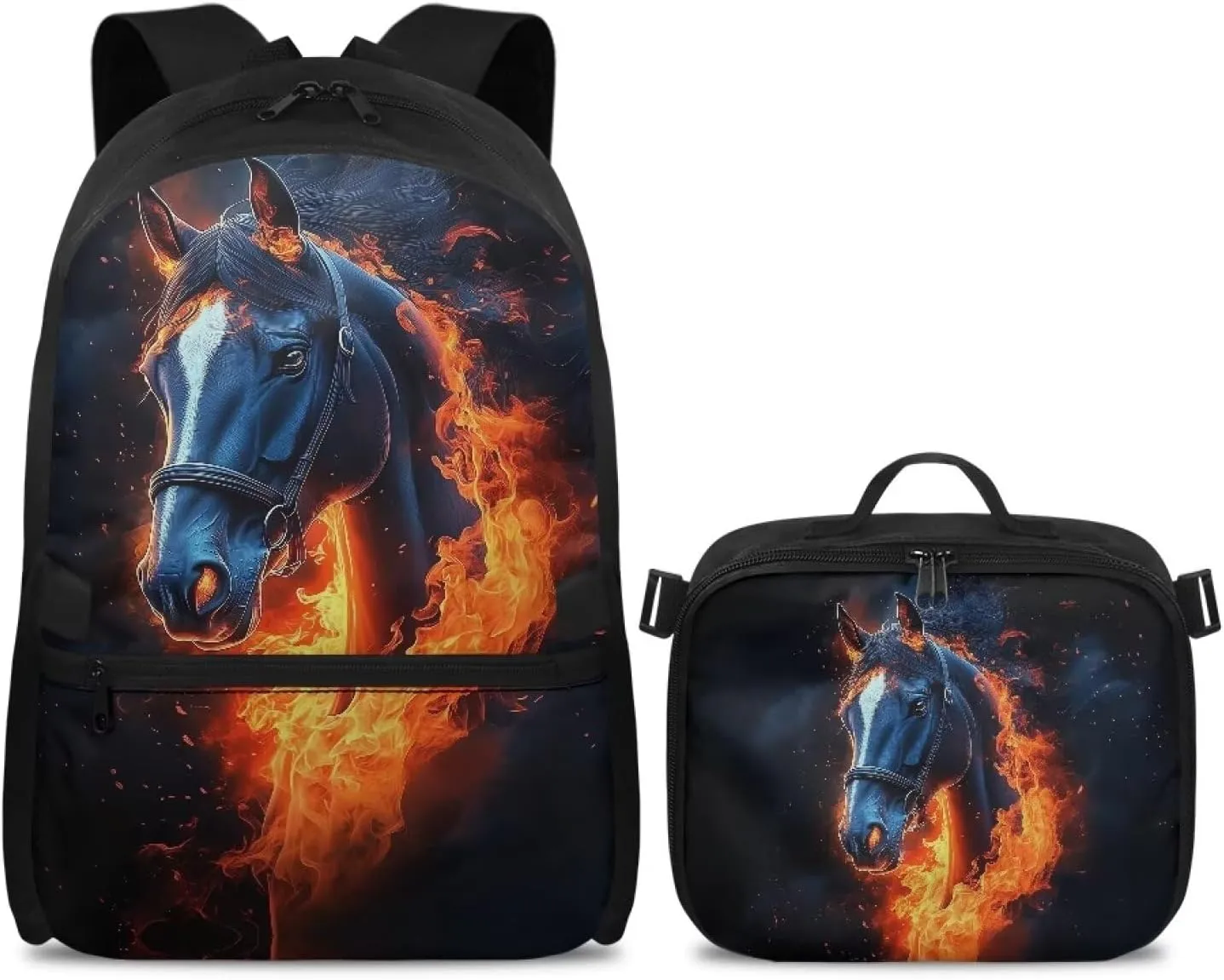 Babrukda School Backpack Set for Teen Boys Insulated Lunch Bag, Horse Fire Print Storage Food Containers, Reusable Small Thermal Cooler Bag for Elementary Primary Middle School Supplies