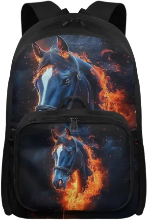 Babrukda School Backpack Set for Teen Boys Insulated Lunch Bag, Horse Fire Print Storage Food Containers, Reusable Small Thermal Cooler Bag for Elementary Primary Middle School Supplies