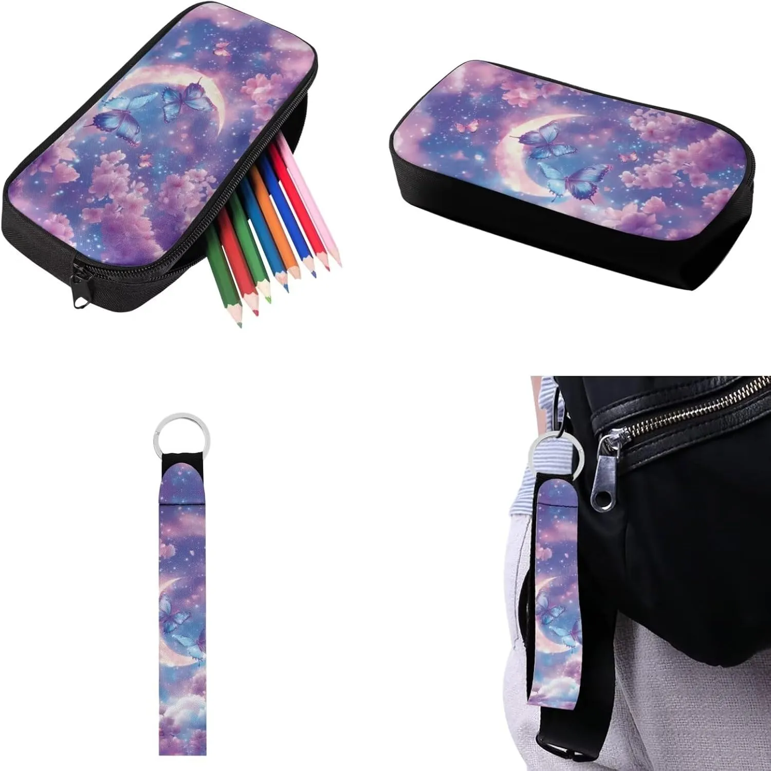 Babrukda School Backpack Set with Lunch Bag for Girls Pencil Case Organizer Kids School Bag with Pencil Box Case Storage Portable Cooler Food Lunch Tote Bag with Keychain, Cherry Blossoms Butterfly